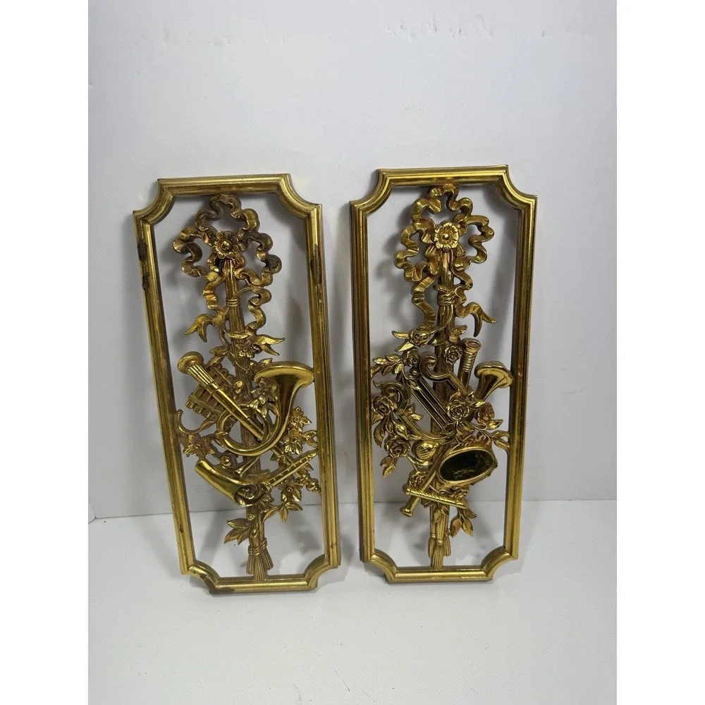 2 Syroco Homco Gold Musical Instrument Wall Plaques 4863A 1964 Vintage Mid Mod